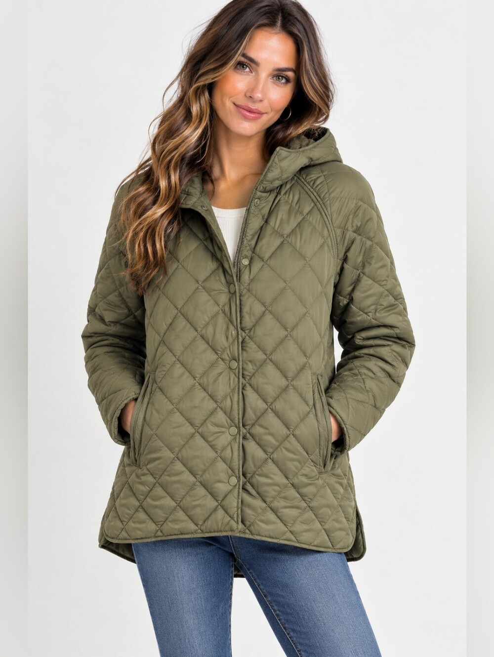 ME JANE Quilted Olive Green Snap Front Puffer Jacket Size L Hooded Long Sleeve